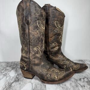 Embroidered Leather Heeled Boots - Brown